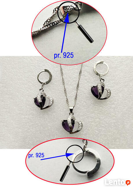 Komplet biżuterii pr.925 Fioletowe Serce - NOWY