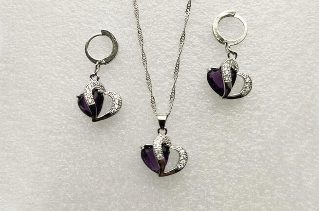 Komplet biżuterii pr.925 Fioletowe Serce - NOWY