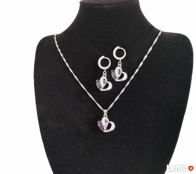Komplet biżuterii pr.925 Fioletowe Serce - NOWY