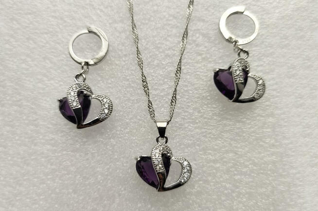 Komplet biżuterii pr.925 Fioletowe Serce - NOWY