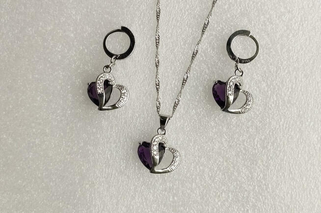 Komplet biżuterii pr.925 Fioletowe Serce - NOWY