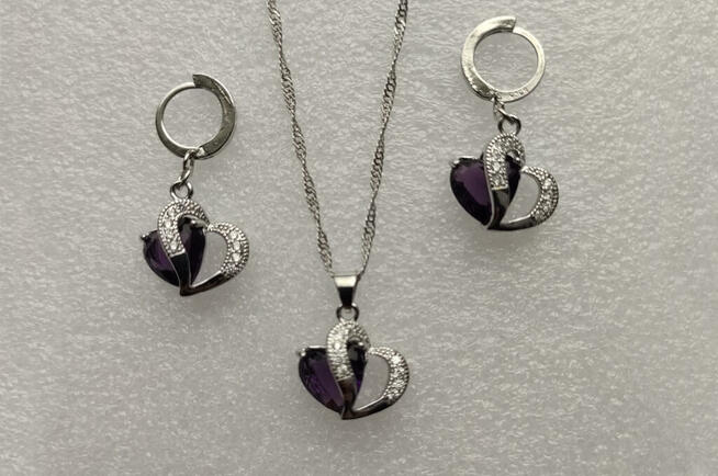Komplet biżuterii pr.925 Fioletowe Serce - NOWY