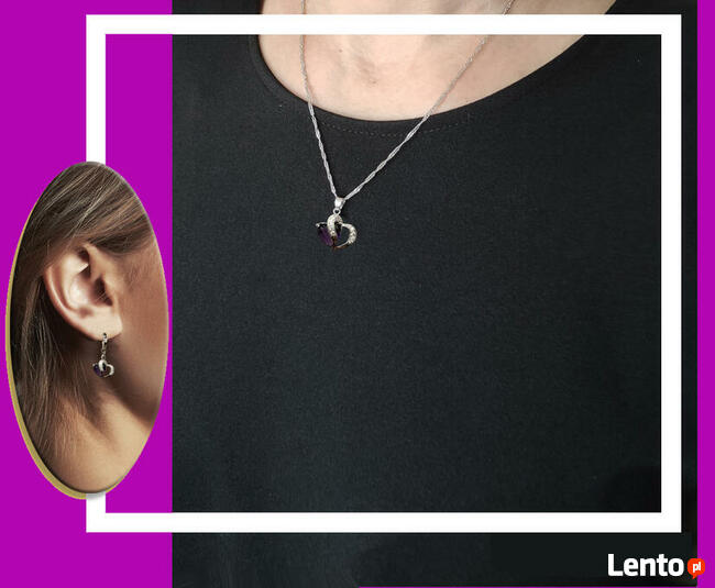 Komplet biżuterii pr.925 Fioletowe Serce - NOWY