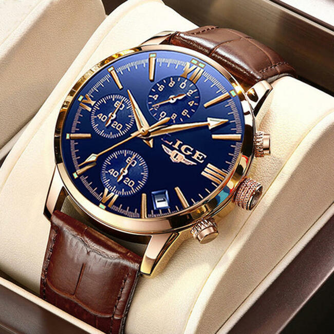 Zegarek męski Lige chronograf klasyczny złoty datownik box