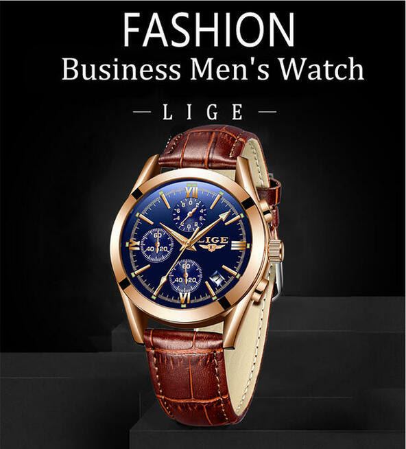 Zegarek męski Lige chronograf klasyczny złoty datownik box