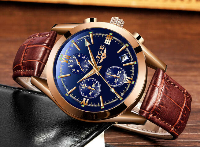 Zegarek męski Lige chronograf klasyczny złoty datownik box