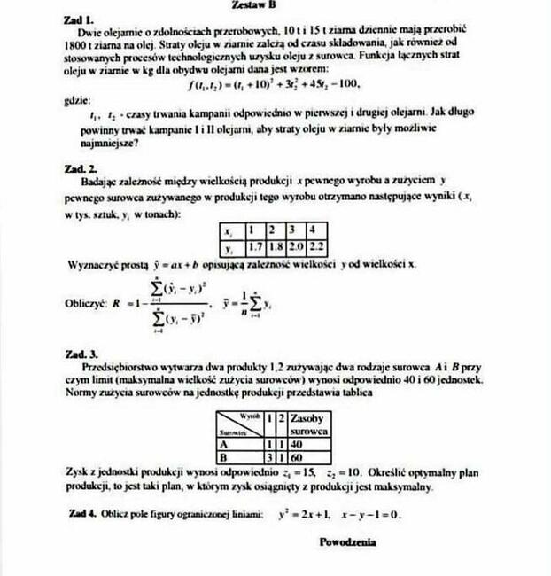 Optymalny plan produkcji, równanie prostej regresji