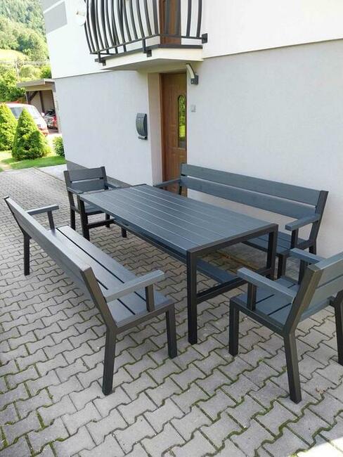 Stół metalowy/drewniany ocynk loft 2 ławki 2 fotele ANTRACYT