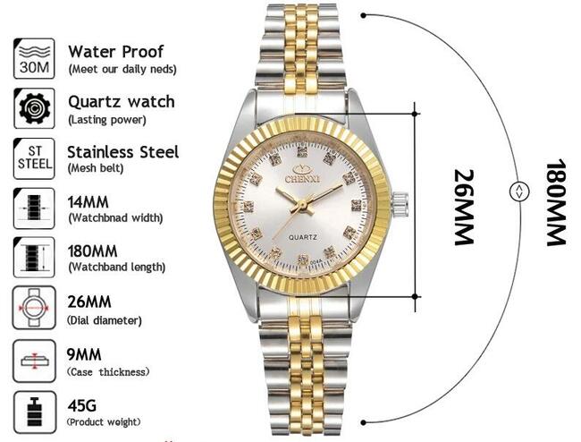 Zegarek damski srebrny złoty datownik z lupą bransoleta stal