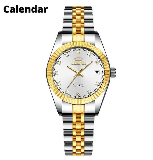 Zegarek damski srebrny złoty datownik z lupą bransoleta stal