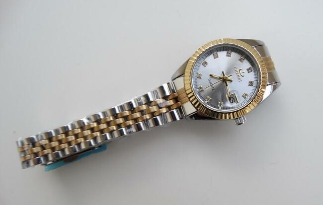 Zegarek damski srebrny złoty datownik z lupą bransoleta stal