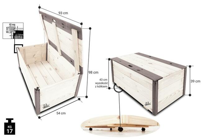 Skrzynia Kufer Pojemnik Drewniany Na Kółkach 95x54x39