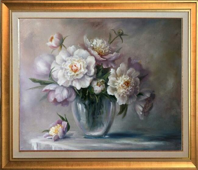 Piwonie w Wazonie, ręcznie malowany olejny, L. Olbrycht