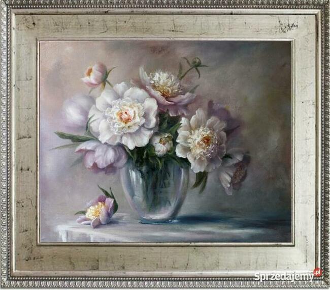Piwonie w Wazonie, ręcznie malowany olejny, L. Olbrycht