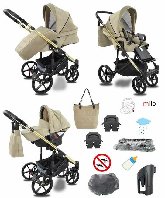 Wózek Dziecięcy milo zestaw 3w1 Fotelik 0-13 do Bazy Isofix