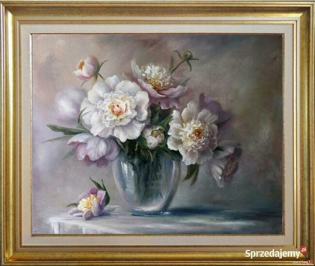 Piwonie w Wazonie, ręcznie malowany olejny, L. Olbrycht