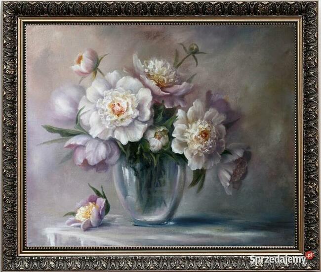 Piwonie w Wazonie, ręcznie malowany olejny, L. Olbrycht