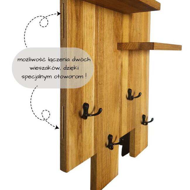 Wieszak drewniany, na ścianę , wiszący, drewno, loft, dąb