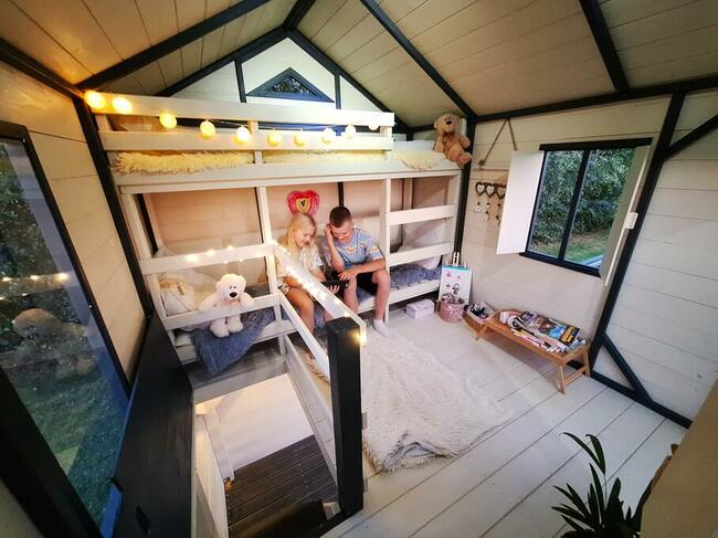 Nowoczesny Domek drewniany dla dzieci OGRODOWY piętrowy plac