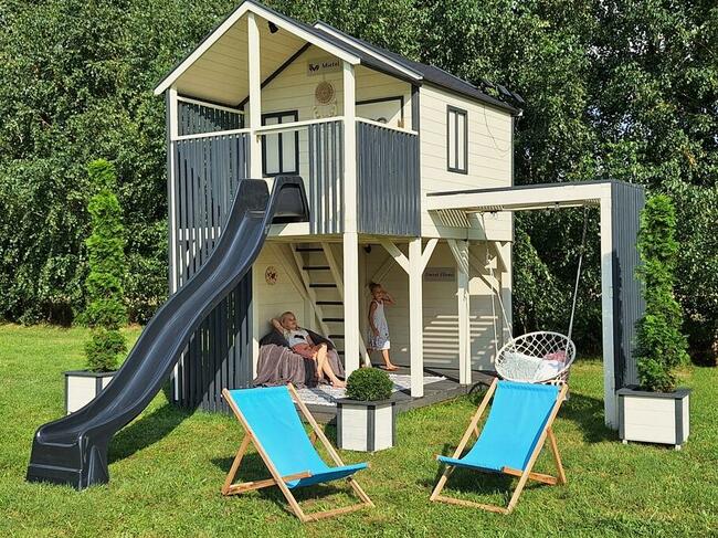 Nowoczesny Domek drewniany dla dzieci OGRODOWY piętrowy plac