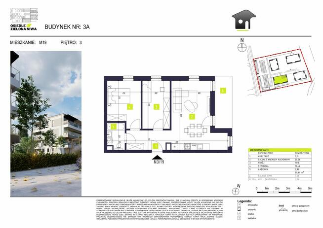 Przestronne mieszkanie, 3 pokoje, 59,84m2, Głogów Młp.