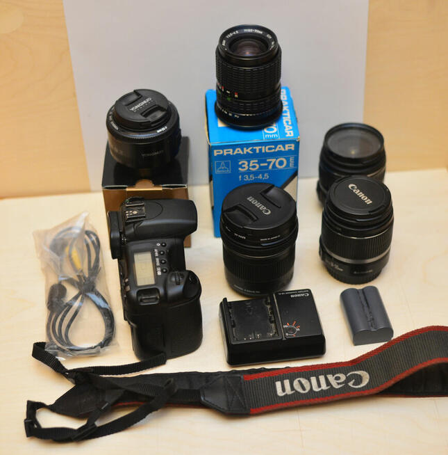 lustrzanka canon eos 20d z dużym zestawem obiektywów i inne
