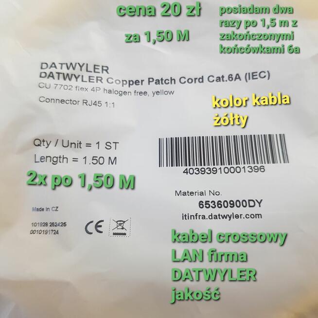 Kabel Krosowy LAN DATWYLER kat.6a flex 4P Zolty 2x po 10M i