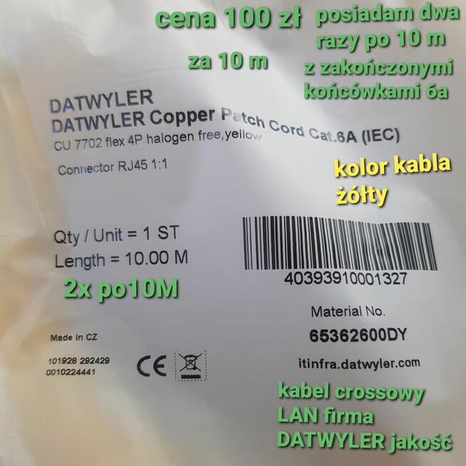 Kabel Krosowy LAN DATWYLER kat.6a flex 4P Zolty 2x po 10M i