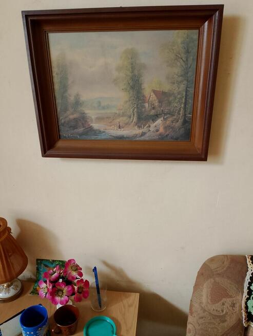 Stary obraz oprawiony, pejzaż.