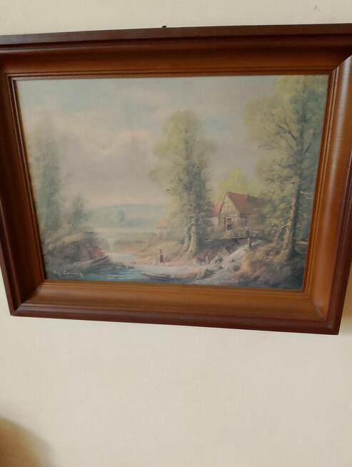 Stary obraz oprawiony, pejzaż.