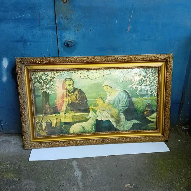 Obraz w Drewnianiej Ramie Stary Obraz Świeta Rodzina