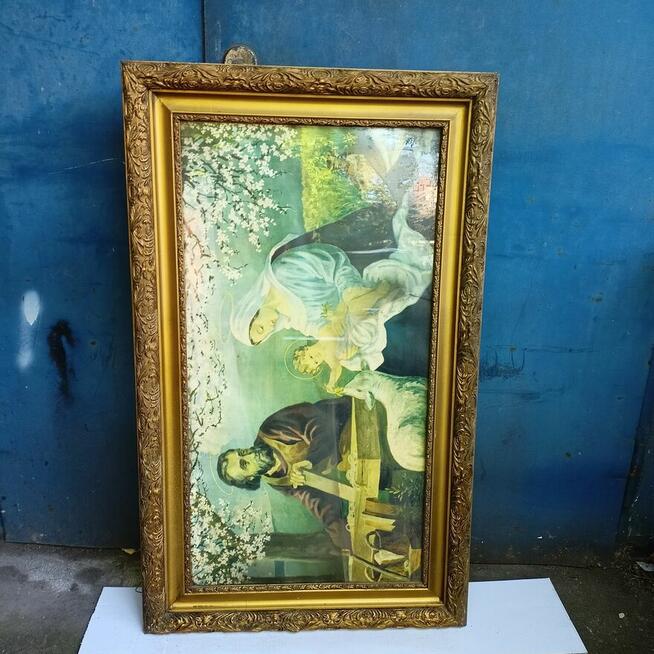 Obraz w Drewnianiej Ramie Stary Obraz Świeta Rodzina