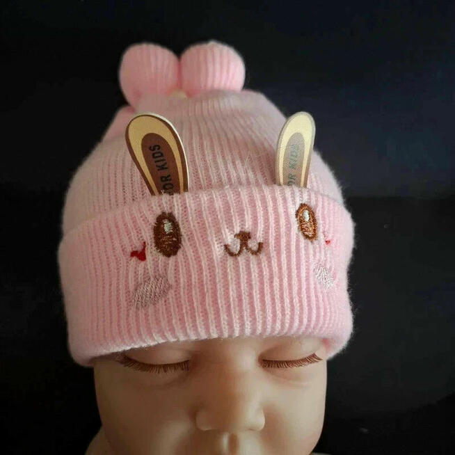Czapeczka niemowlęca króliczek | pudrowy róż | 100% bawełna