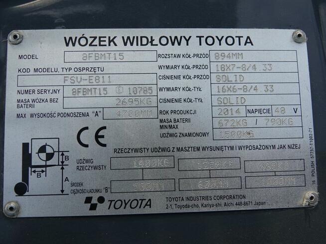 Wózek widłowy unoszący Toyota 8FBMT15 (Traigo 15) 2014 r