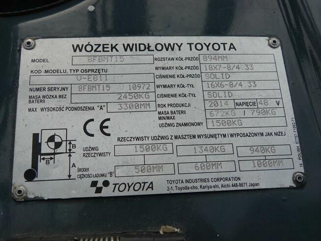 Wózek widłowy unoszący Toyota 8FBMT15 (Traigo 15) 2014r