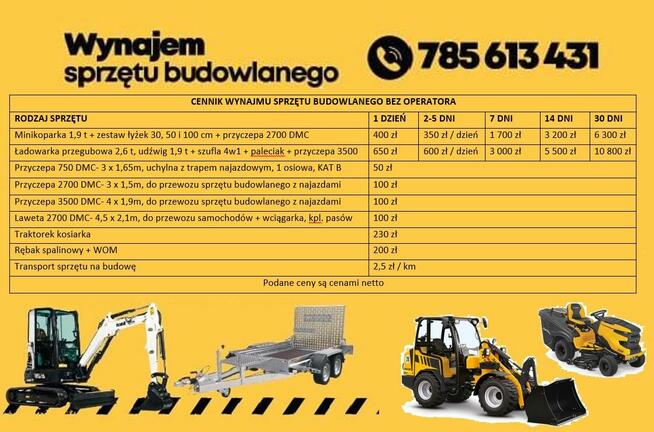 WYNAJEM WYPOŻYCZALNIA MINIŁADOWARKA ŁADOWARKA KRAJ 1,9T