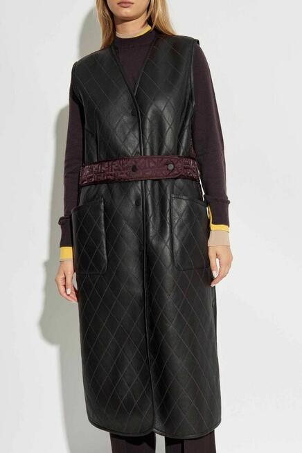 Fioletowa Długa ocieplana kamizelka ze skórzanym przodem