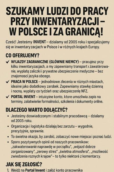 Poszukujemy Pracowników do Inwentaryzacji