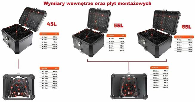 Aluminiowy Kufer motocyklowy centralny 55L NOWY + PŁYTA