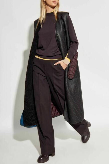 Fioletowa Długa ocieplana kamizelka ze skórzanym przodem