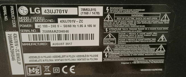 Telewizora LG 43UJ701V, 43 cale uszkodzony