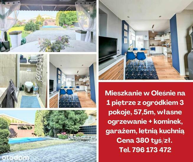 Mieszkanie 3 pok. 57,5m, 1 piętro, ogródek garażem
