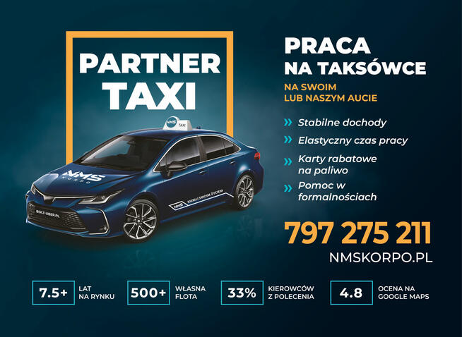 Kierowca kat. B – Własny grafik|TAXI PARTNER|Praca od zaraz
