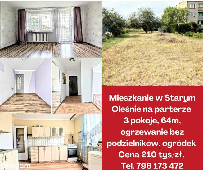 Mieszkanie 64m, 3 pokoje, parter, balkon, ogródek, piwnica