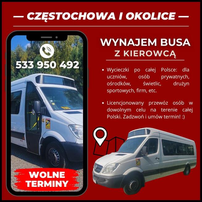 Przewóz osób, transport, taxi z kierowcą, 22 miejsca w busie