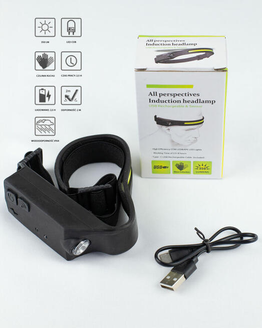 Latarka czołowa LED 350lm USB – czujnik ruchu, wodoodporna