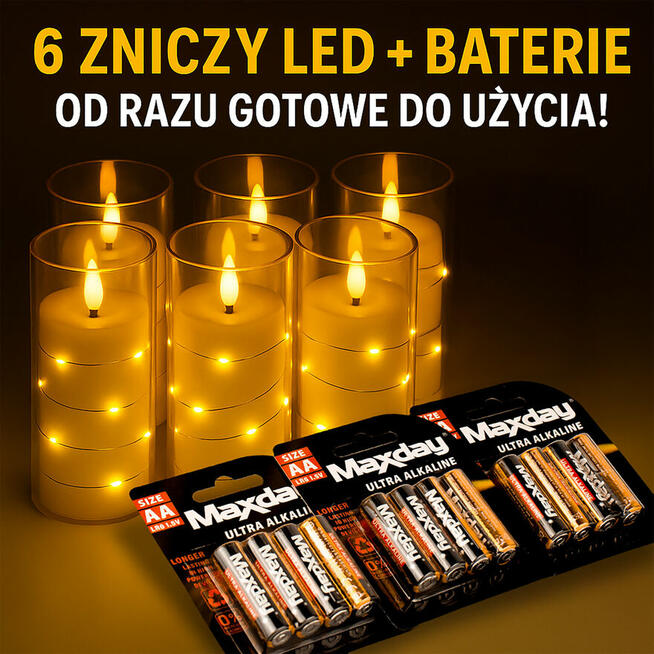 Zestaw 6 LEDowych zniczy w szkle + baterie GRATIS – 65 zł
