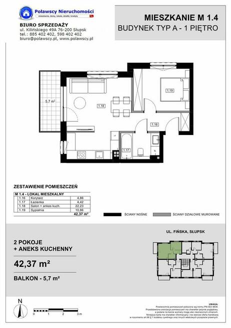 2 pokojowe 42,37 m2 balkon miejsce postojowe ul. Fińska AB