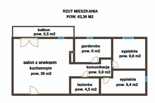 Mieszkanie 63,36 m² z klimatyzacją i garderobą