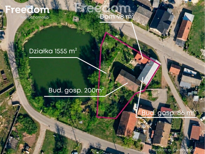 Dom, budynki gospodarcze i staw pod Świebodzinem